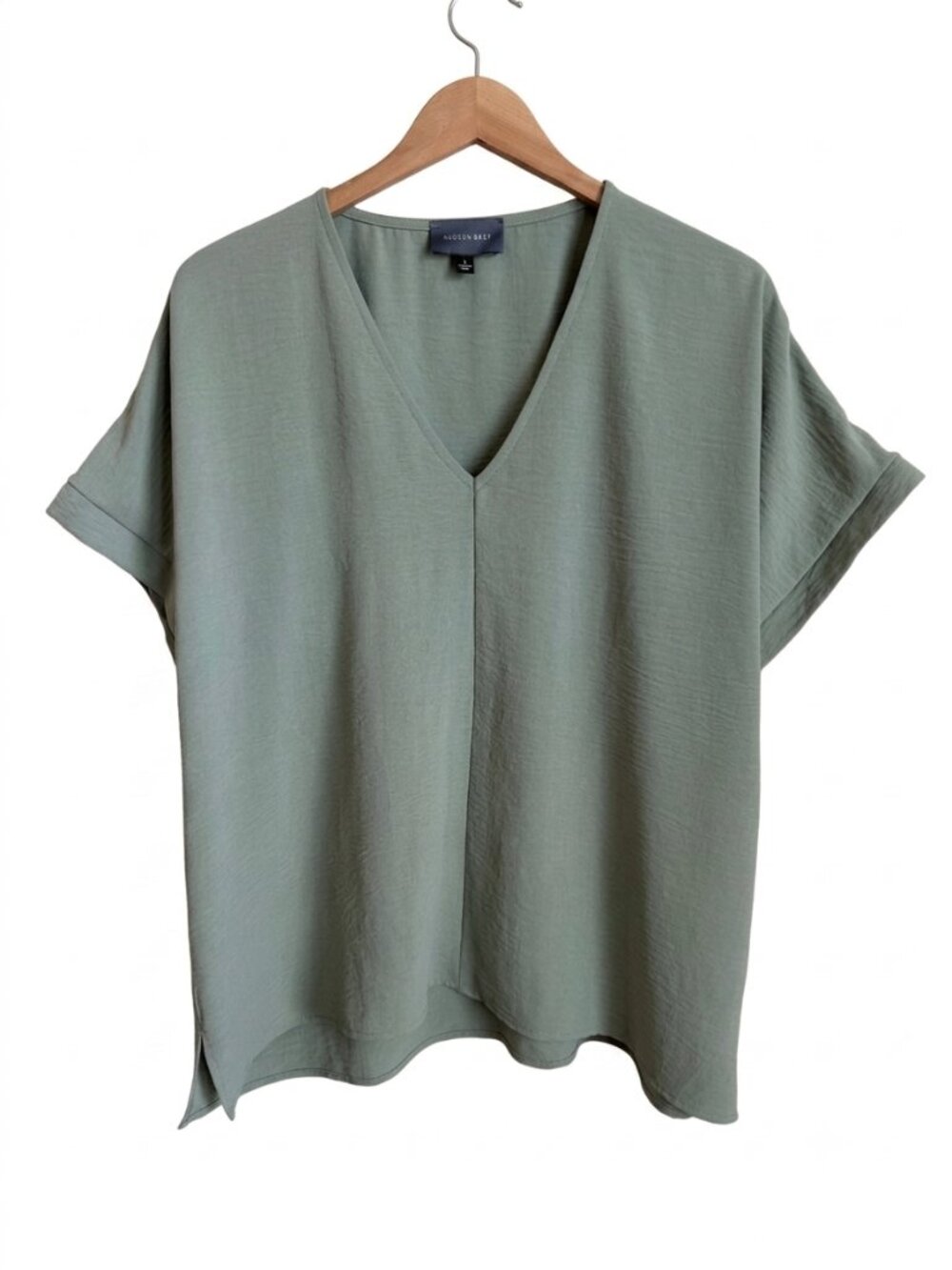 Oversized V Neck Dolman Blouse Hudson Gray L Sage Green Boxy Made USA Minimalist